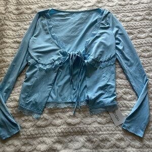 Blue Long Sleeve Lace Trim Top